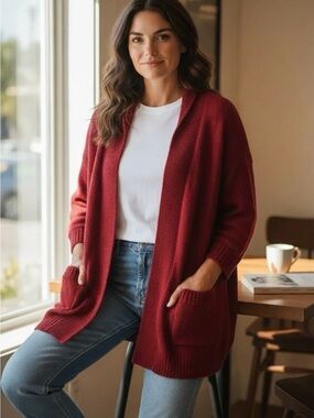 Designers Originals Open-Front Red Cardigan with Pockets 3/4 Sleeves Sz XL